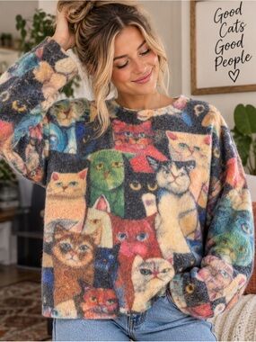 YESNO Colorful Cat Collage Graphic Cotton Wool Knit Sweater size M/L